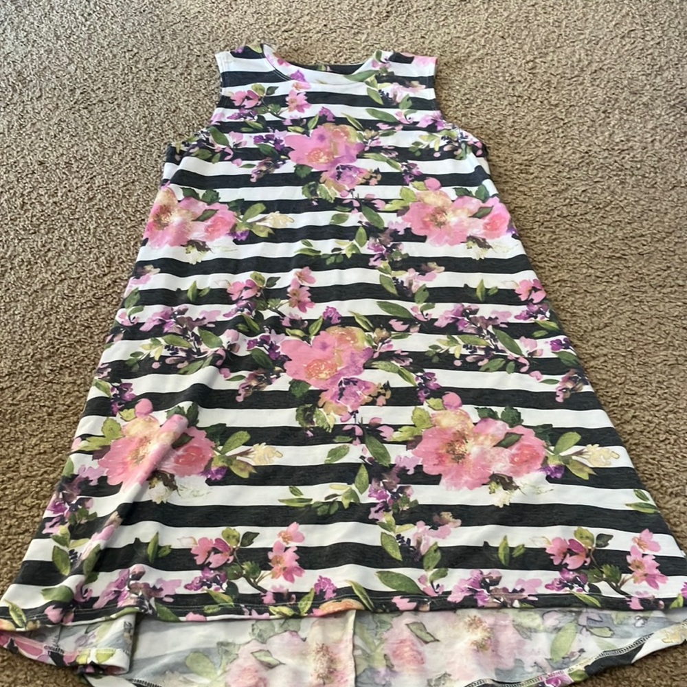 Asymmetrical youth, girl, sleeveless, black, and white, striped floral dress